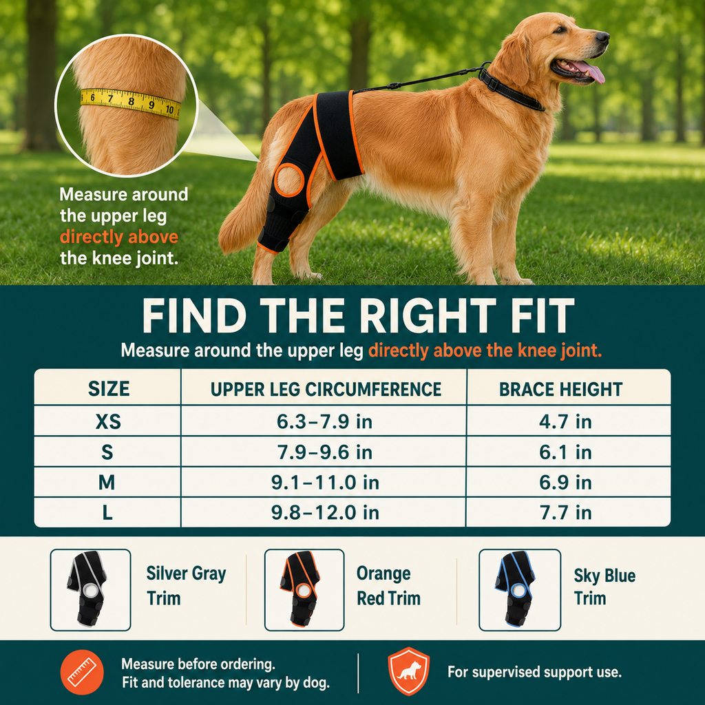 Size guide for adjustable dog knee brace with collar support strap