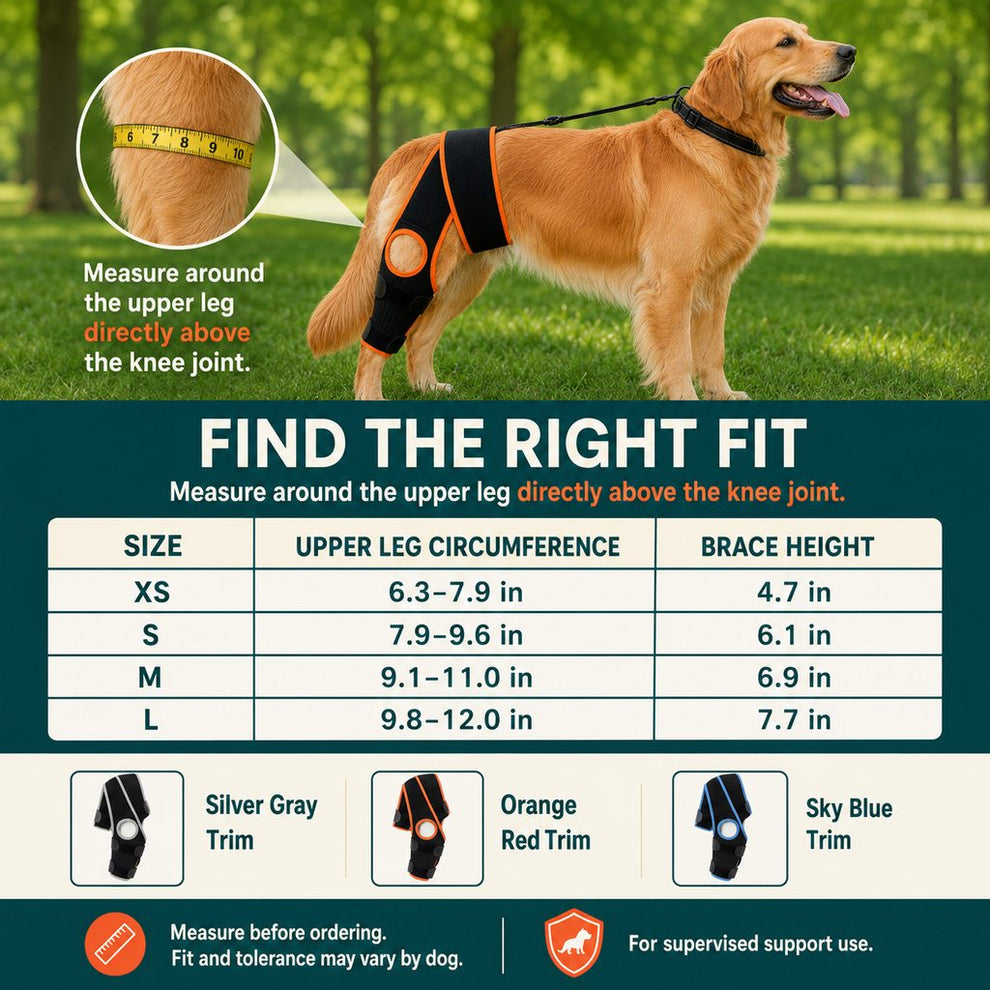 Size guide for adjustable dog knee brace with collar support strap