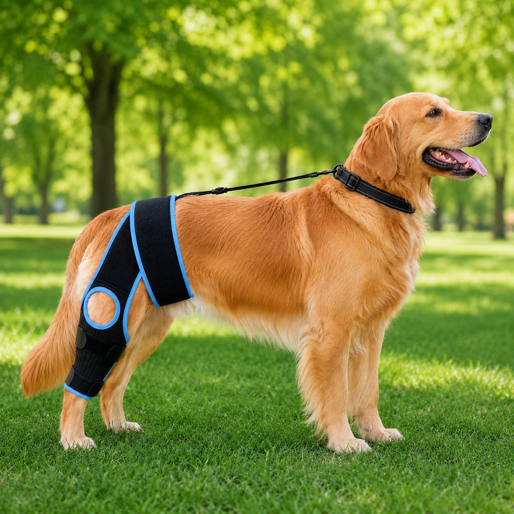 Sky blue trim adjustable dog knee brace with collar support strap