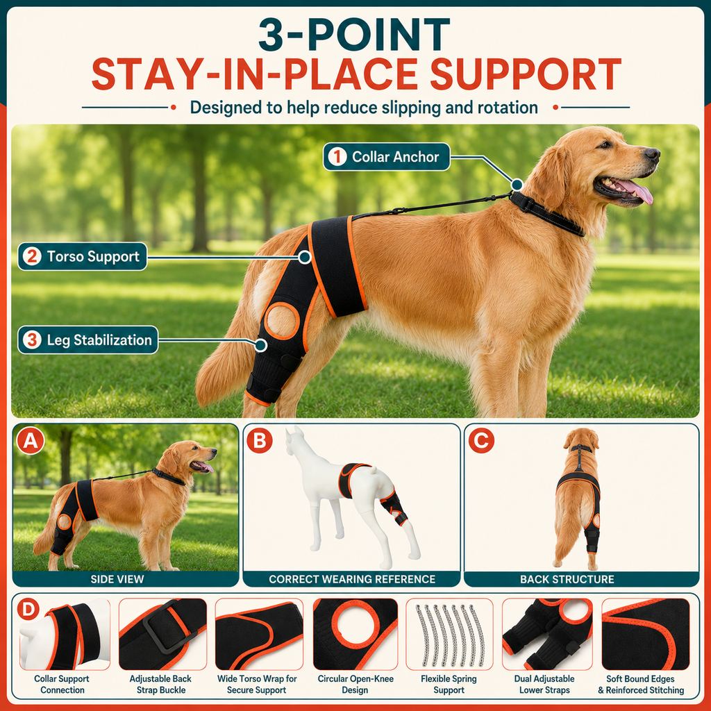 Three-point stay-in-place support on adjustable dog knee brace