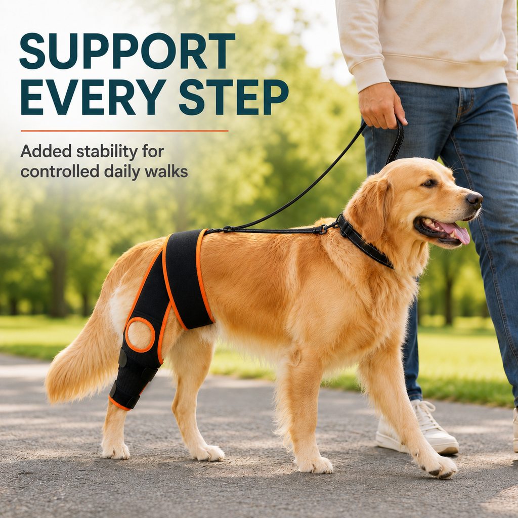 Adjustable dog knee brace for controlled daily walk support