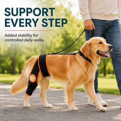 Adjustable dog knee brace for controlled daily walk support