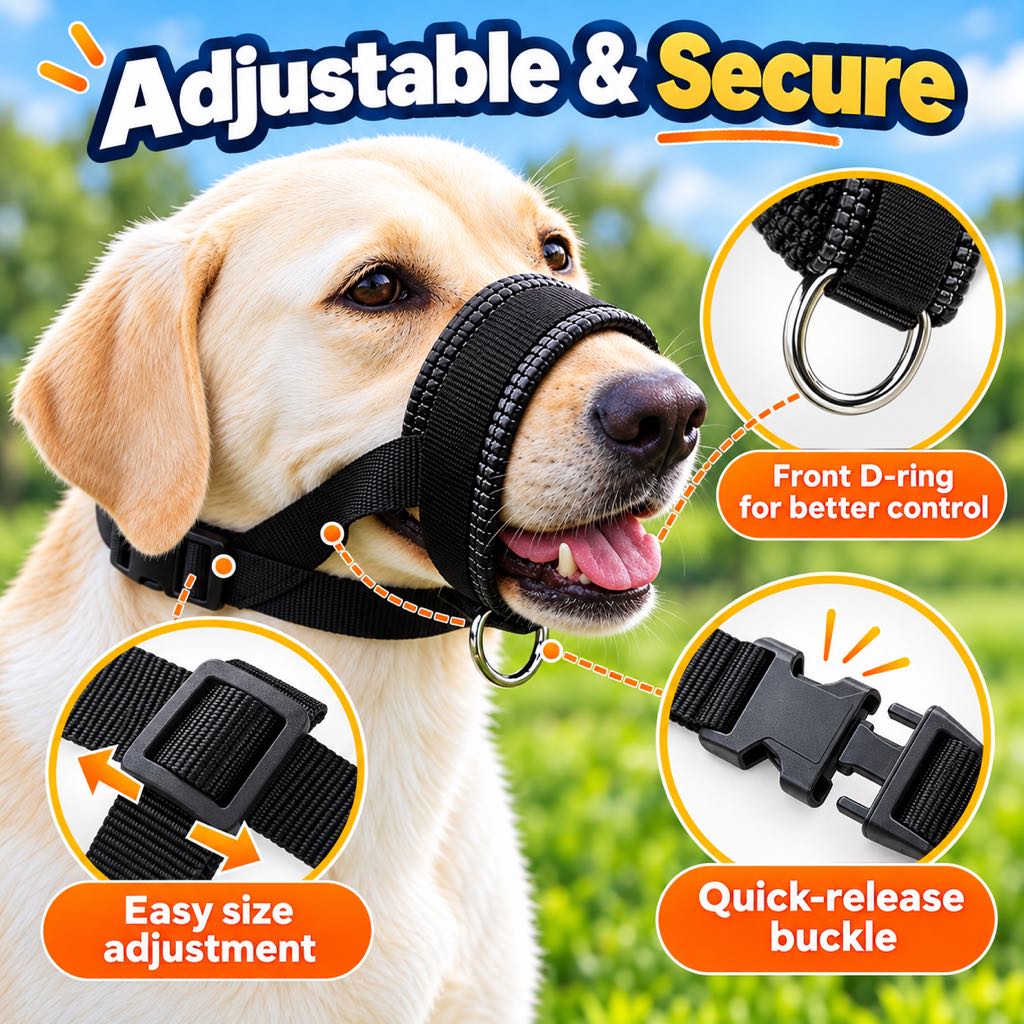 Adjustable fit, D-ring and quick-release buckle on a padded dog muzzle