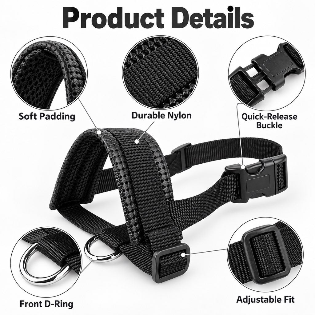 Black padded adjustable dog muzzle with quick-release buckle