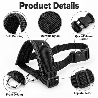 Black padded adjustable dog muzzle with quick-release buckle