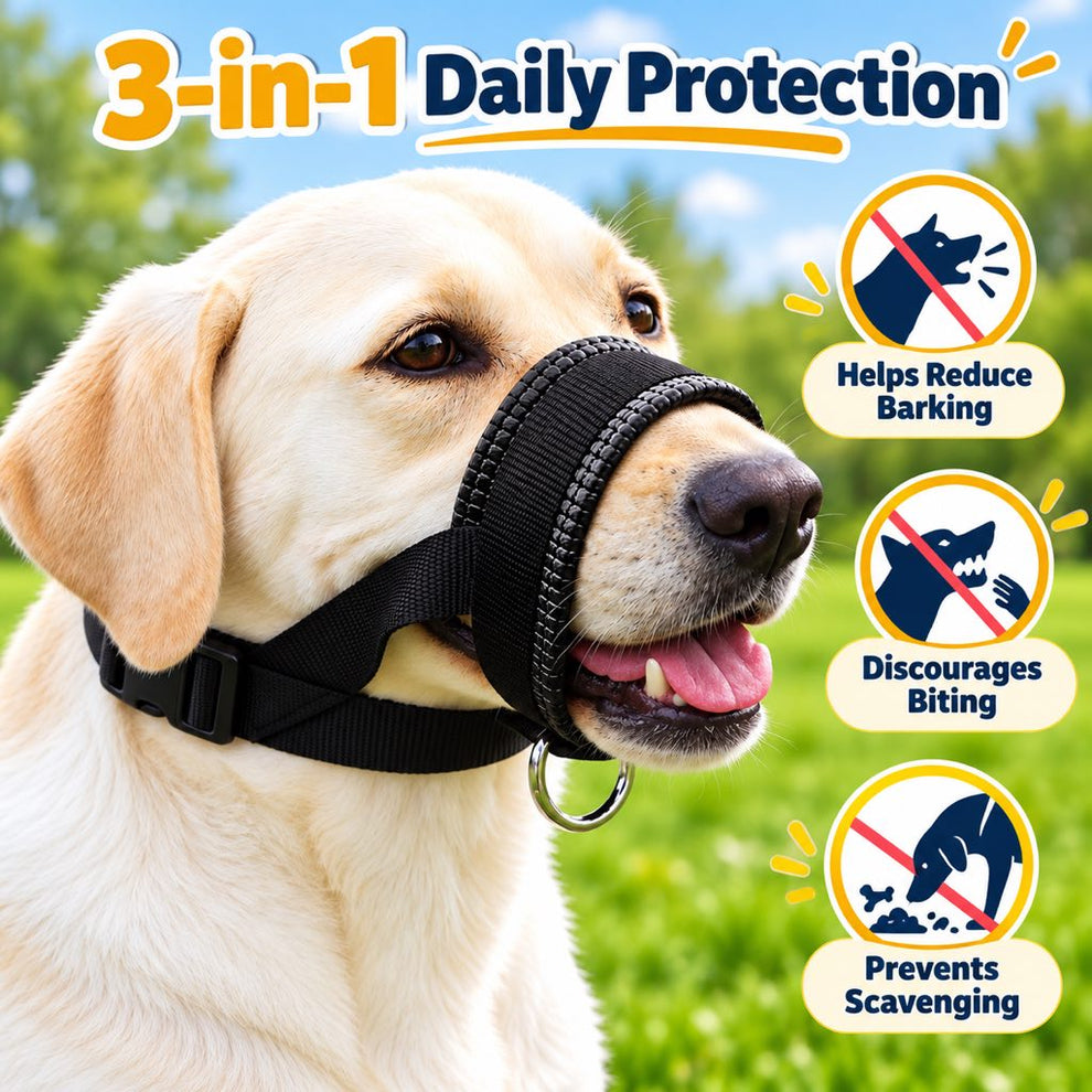 Padded adjustable dog muzzle for walking, barking and scavenging control