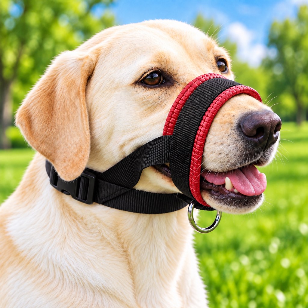 Red padded adjustable dog muzzle for supervised walks and training