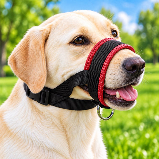 Red padded adjustable dog muzzle for supervised walks and training