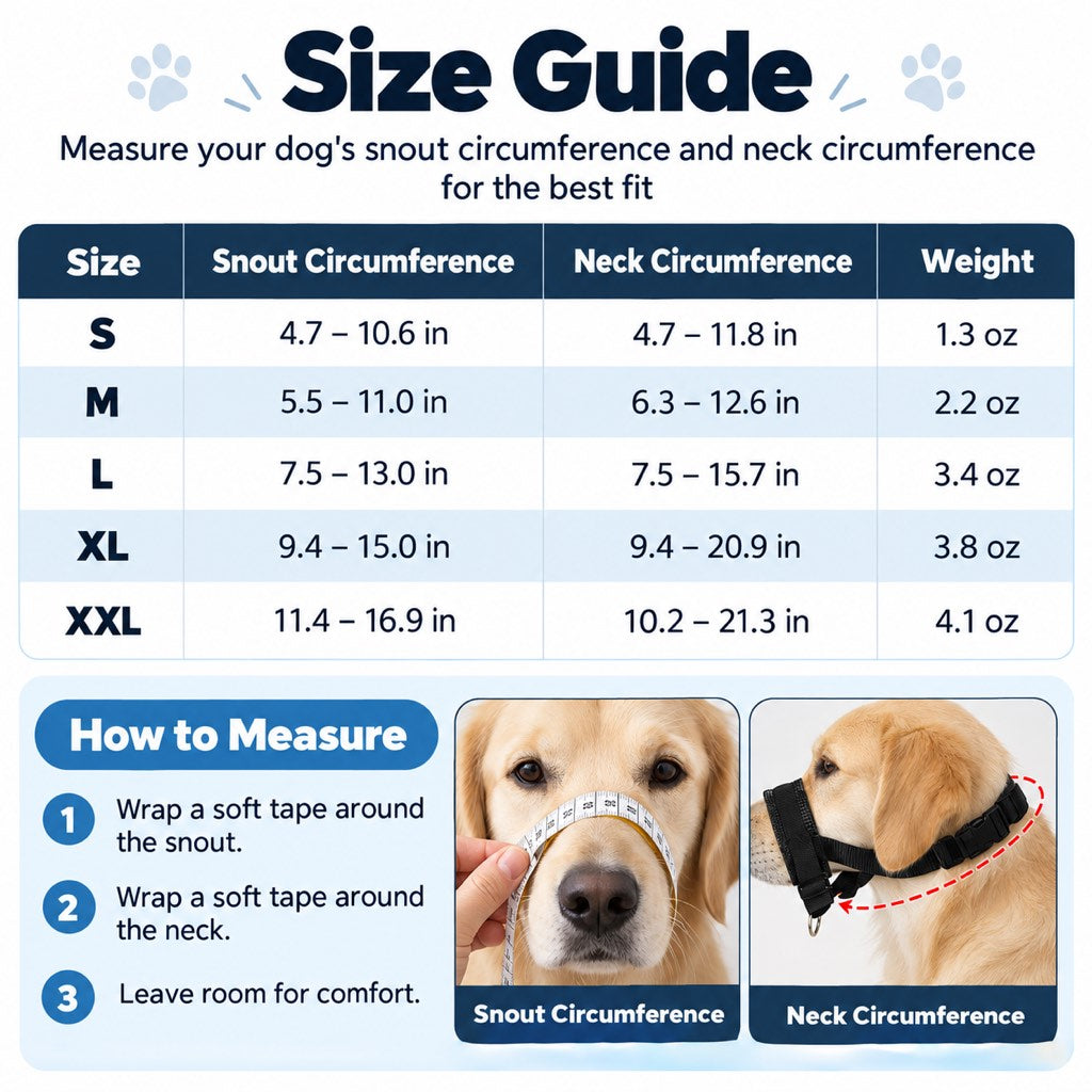 Adjustable dog muzzle size guide from S to XXL