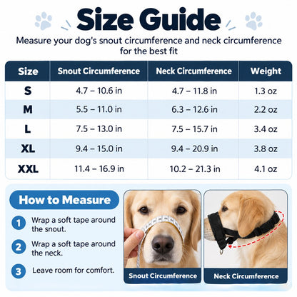 Adjustable dog muzzle size guide from S to XXL