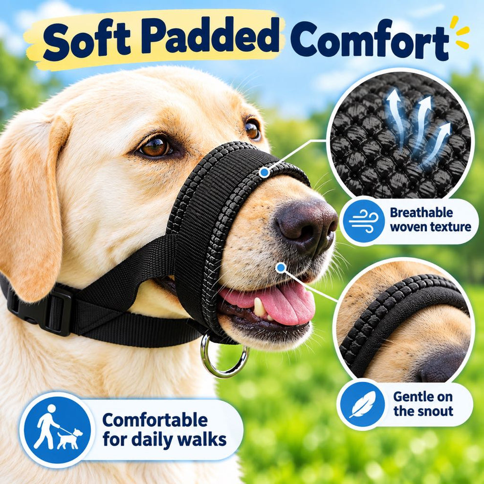 Soft padded comfort and breathable woven texture on a dog muzzle
