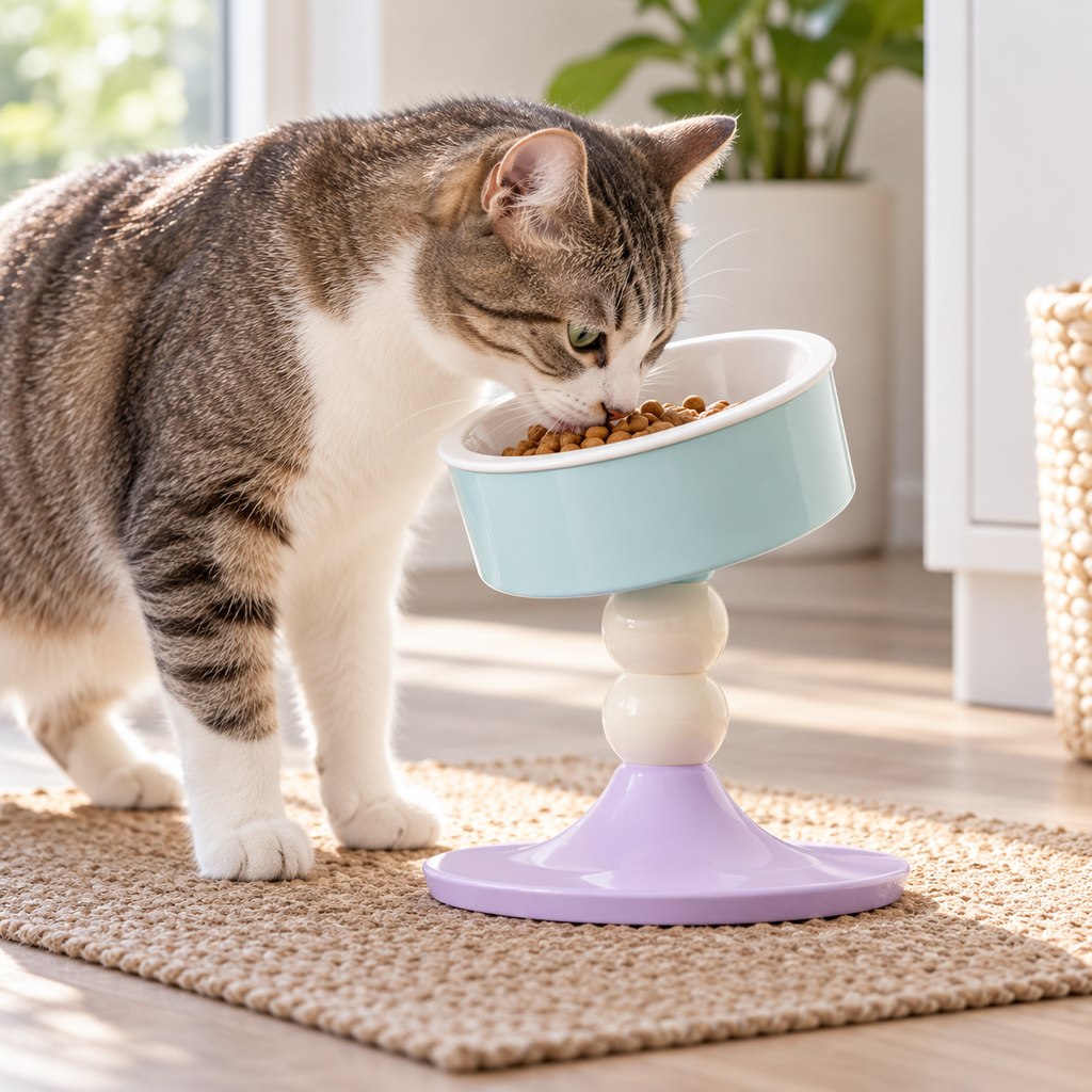 Mint and Lavender adjustable elevated ceramic pet bowl for cats