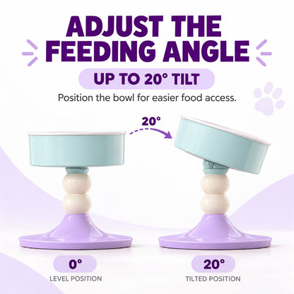 Ceramic pet bowl with adjustable tilt up to 20 degrees