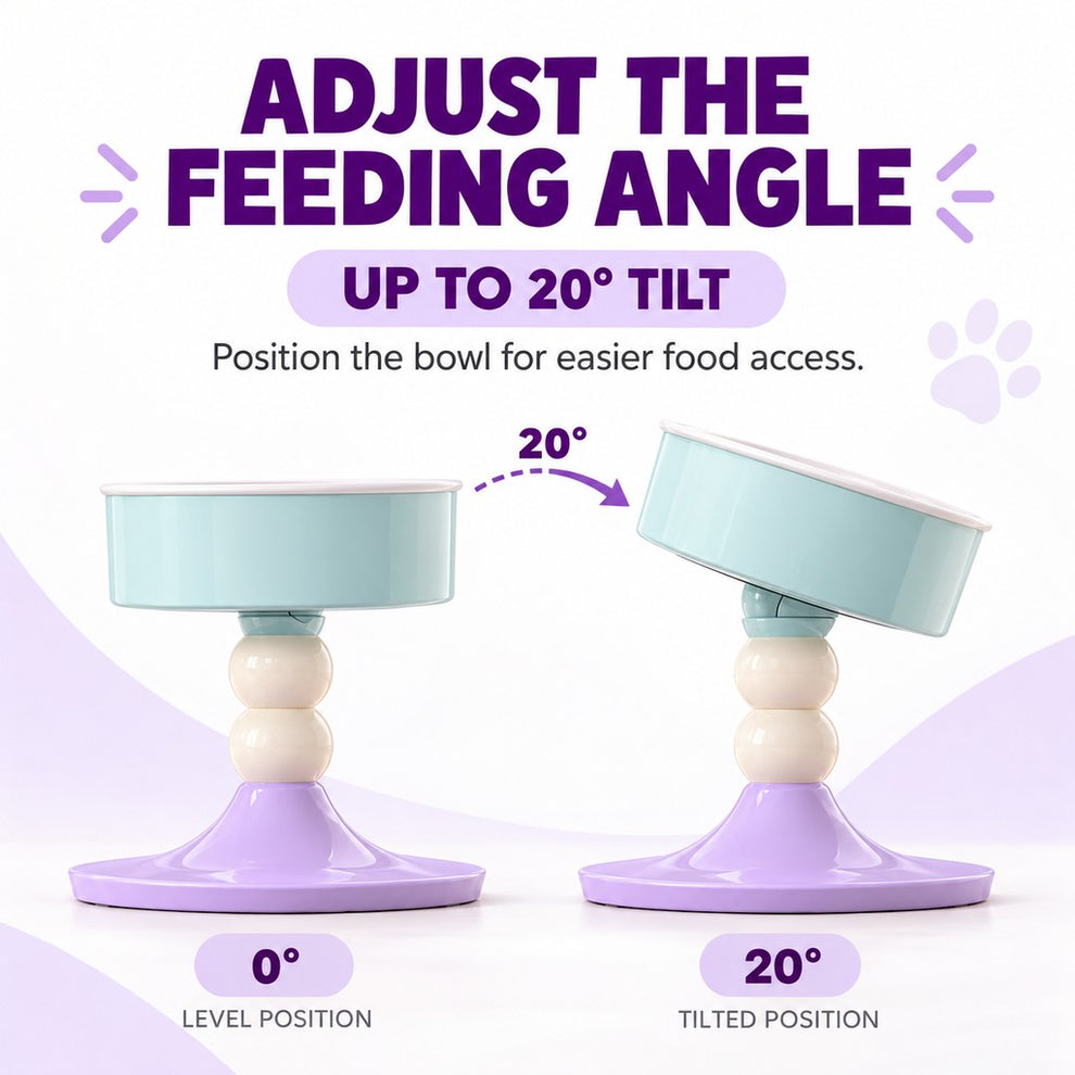 Ceramic pet bowl with adjustable tilt up to 20 degrees