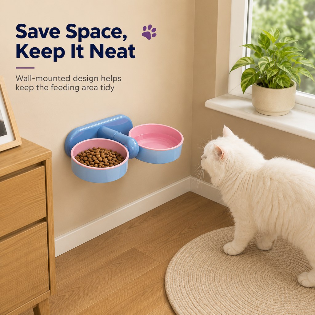 Adjustable Elevated Pet Bowl for Cats & Small Dogs - Space-Saving Wall-Mount or Freestanding Feeder for Cleaner Mealtimes image 2