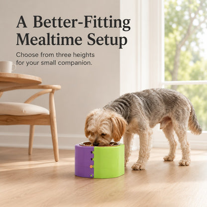 Adjustable elevated pet bowl better fitting mealtime setup