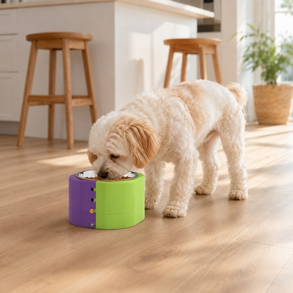 3-level adjustable elevated slow feeder bowl for cats and small dogs - Lime Green and Lavender