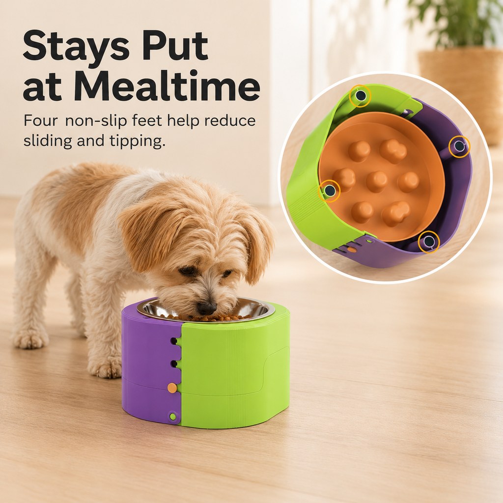 Adjustable elevated pet feeder with four non slip feet