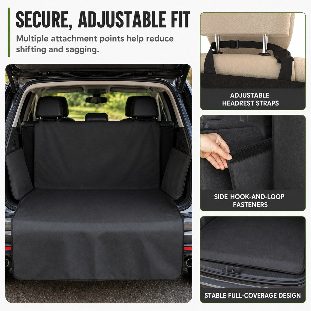 Adjustable fit dog cargo liner with straps and hook loop fasteners