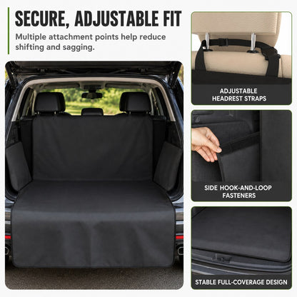 Adjustable fit dog cargo liner with straps and hook loop fasteners