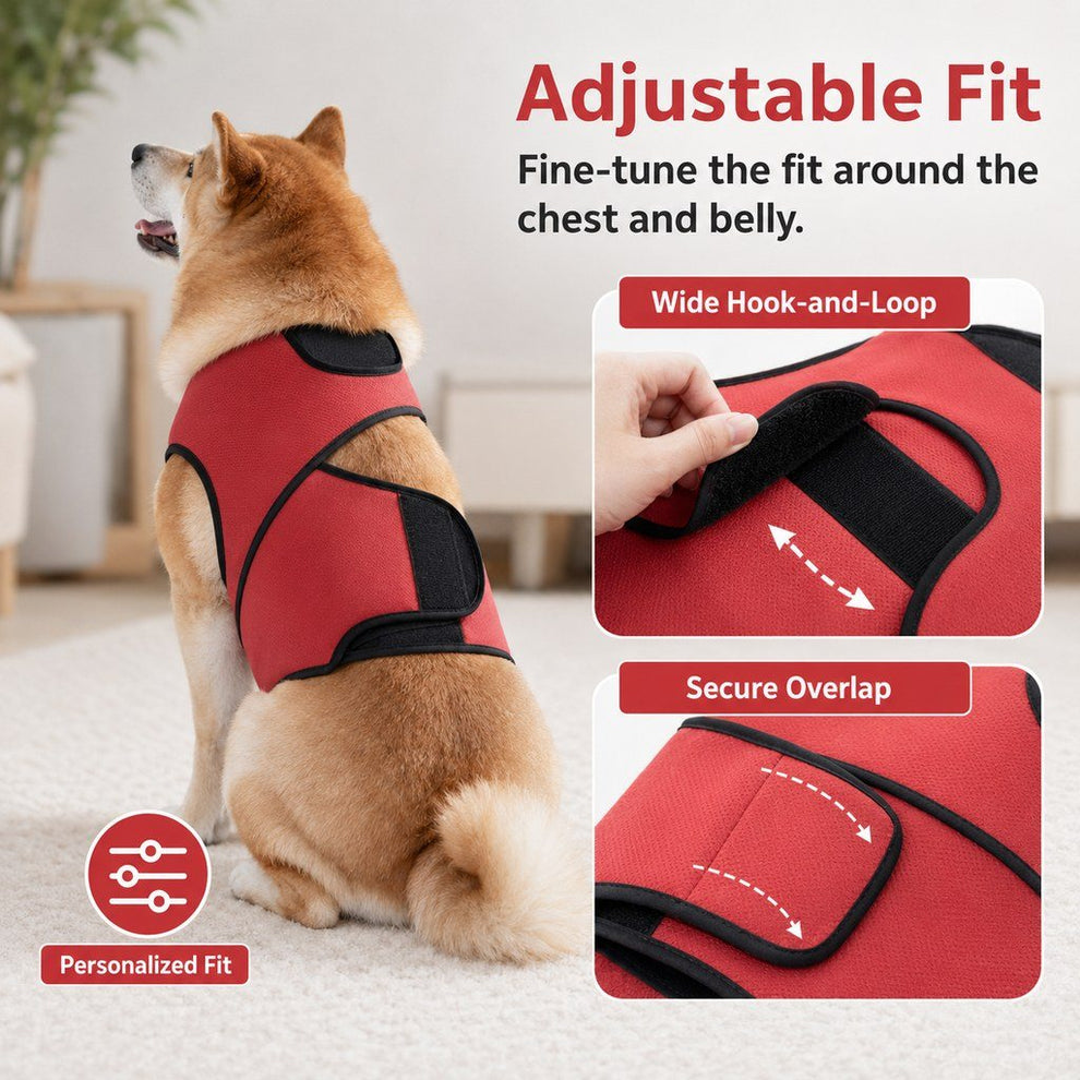 Adjustable hook and loop fit dog comfort wrap vest