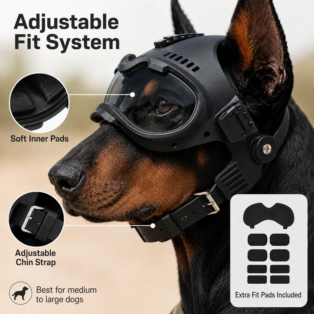 K9 tactical-style dog helmet with goggles for outdoor training