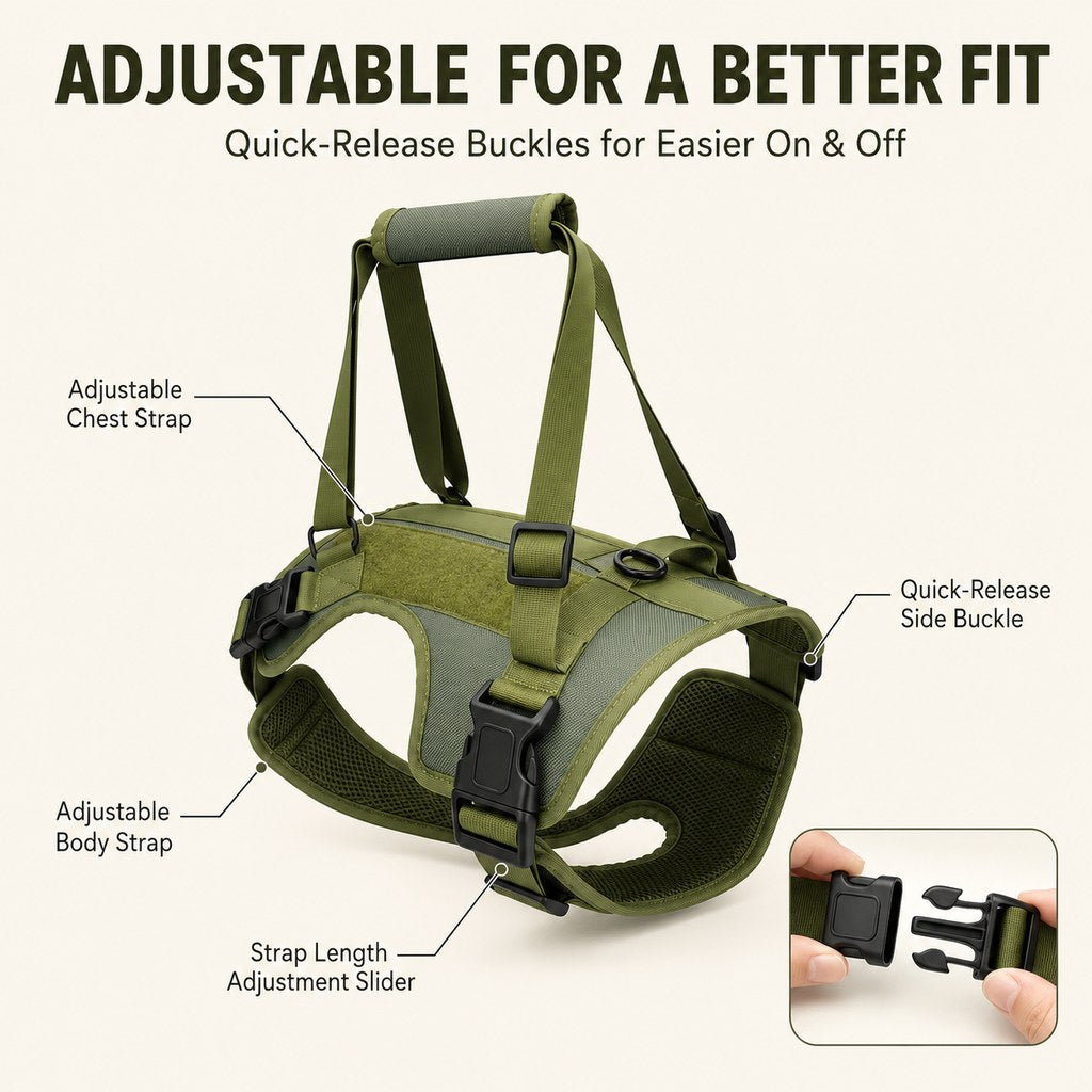 Adjustable full-body dog support harness details and buckles