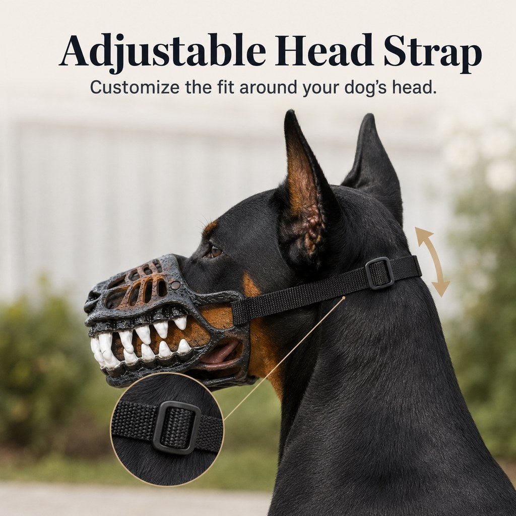 Adjustable head strap on dinosaur costume dog muzzle
