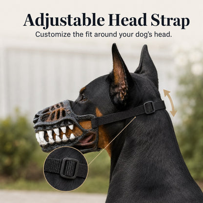 Adjustable head strap on dinosaur costume dog muzzle