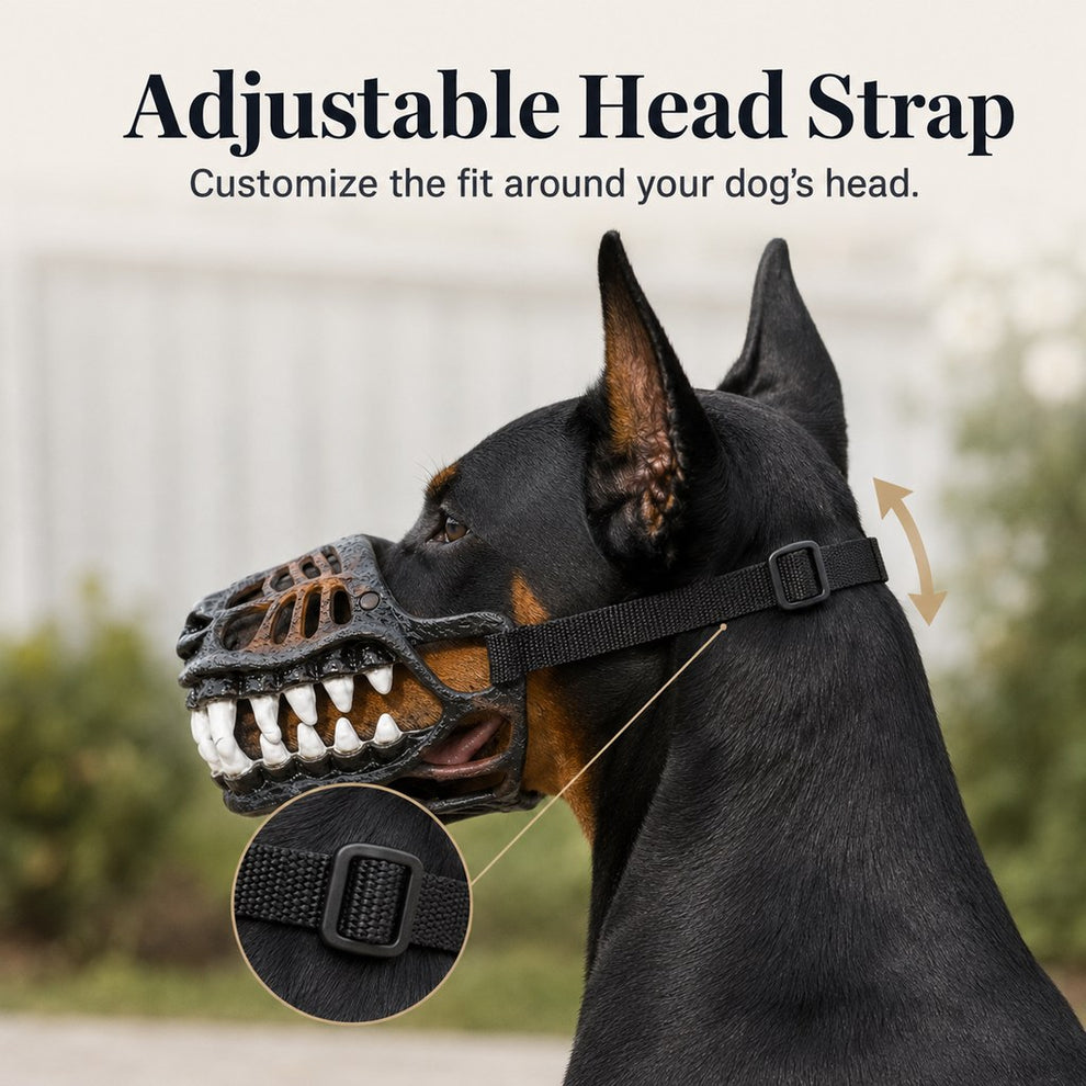Adjustable head strap on dinosaur costume dog muzzle