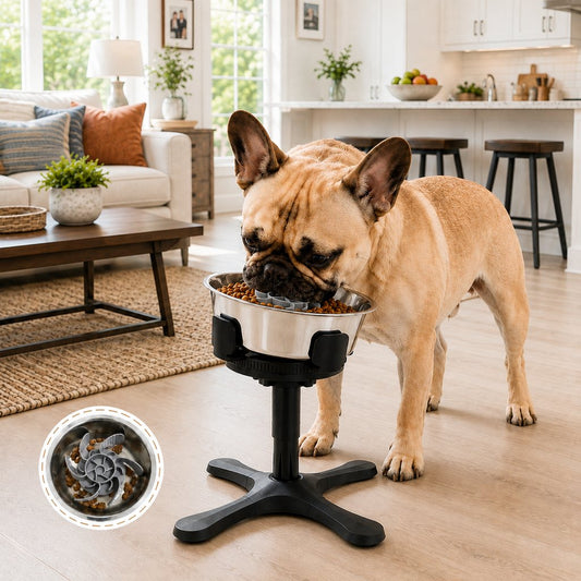 Adjustable height tilted dog bowl stainless bowl wide lifestyle image