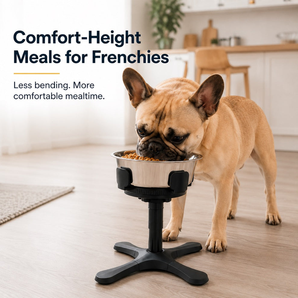 Adjustable height tilted dog bowl stand for flat faced dogs