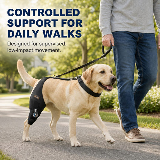 Adjustable hinged dog knee brace for controlled daily walks