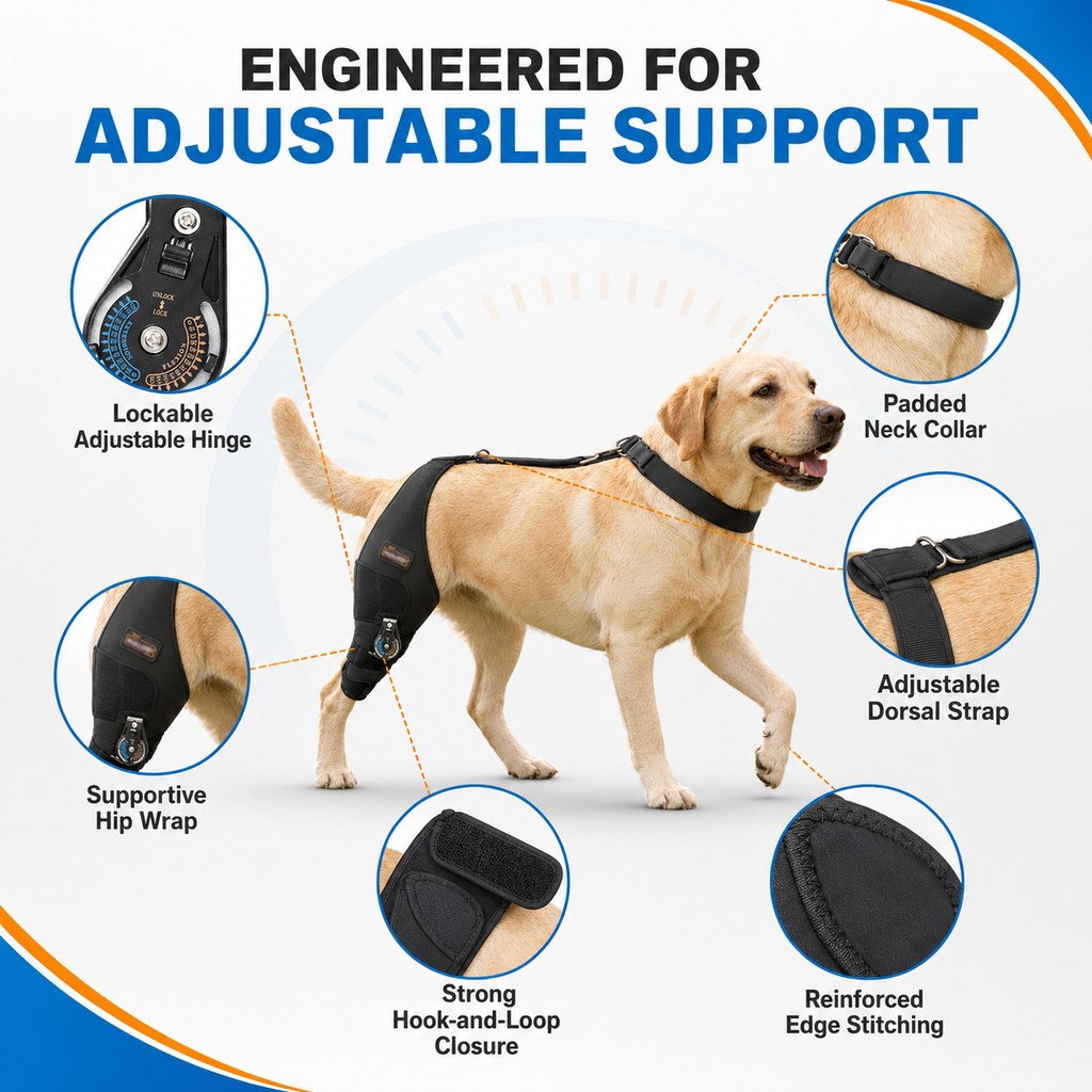 Adjustable hinged dog knee brace engineered support details