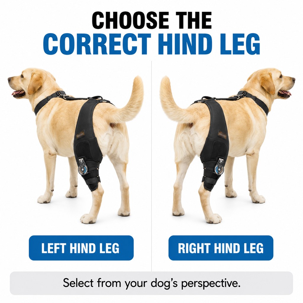 Choose left hind leg or right hind leg dog knee brace from dog's perspective