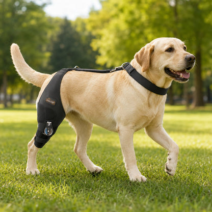 Adjustable hinged dog knee brace for supervised rear leg support
