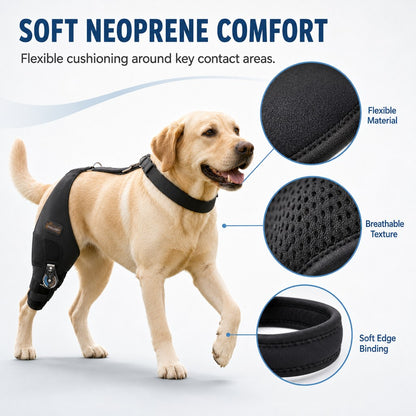 Soft neoprene comfort details on adjustable dog knee brace