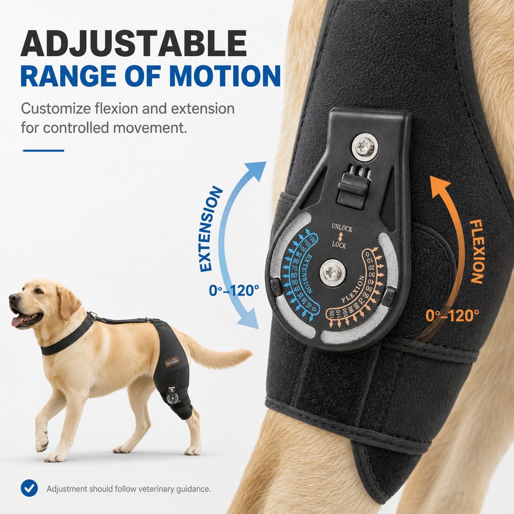 Adjustable range of motion hinge on dog knee brace