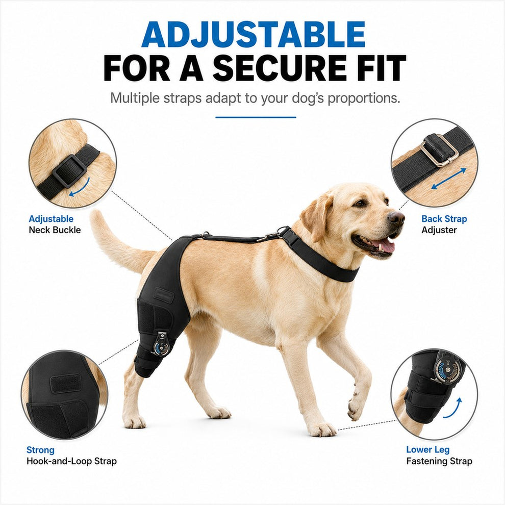 Adjustable straps for a secure fit on dog knee brace