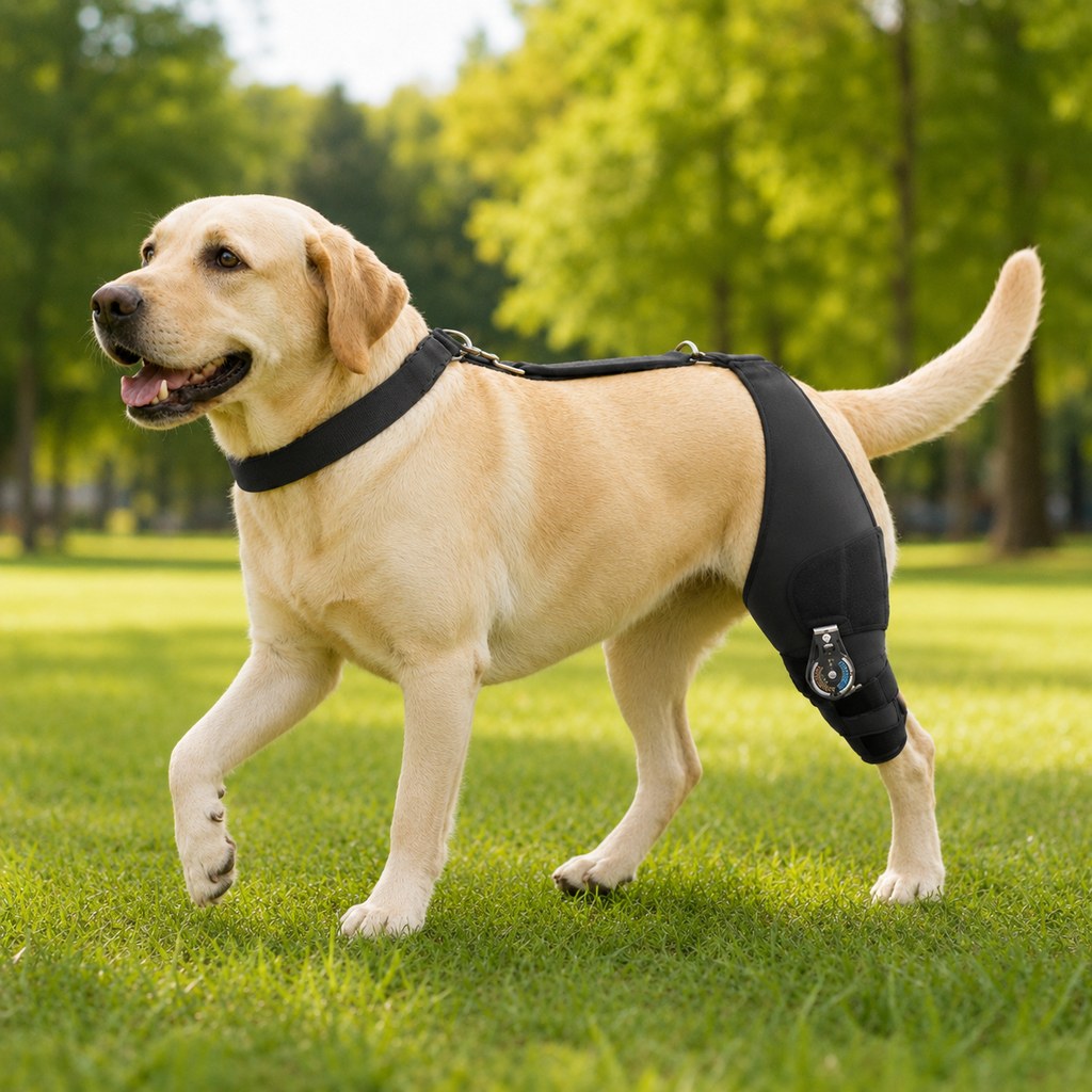 Side view of adjustable hinged dog knee brace in black