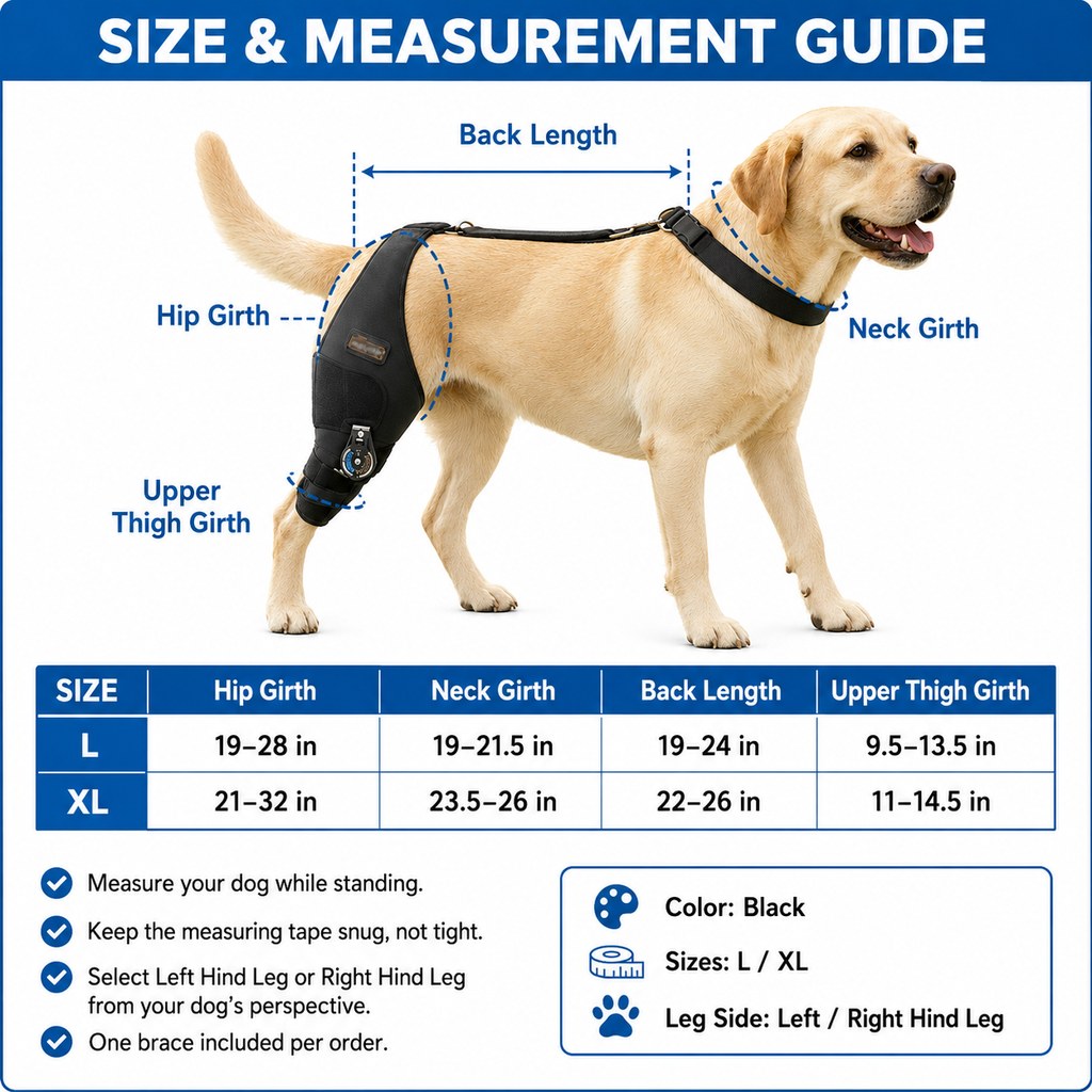 Size and measurement guide for adjustable hinged dog knee brace