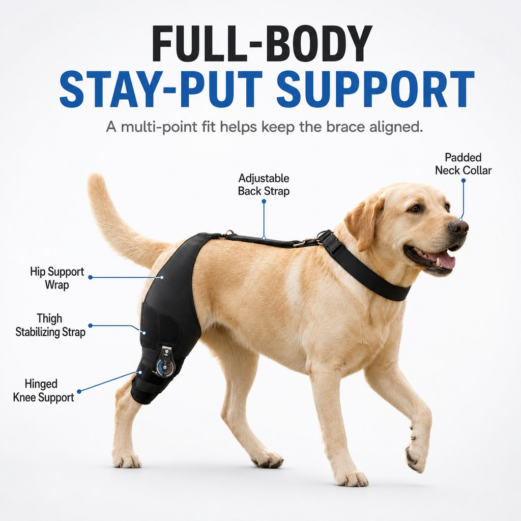 Full-body anchoring support structure on dog knee brace