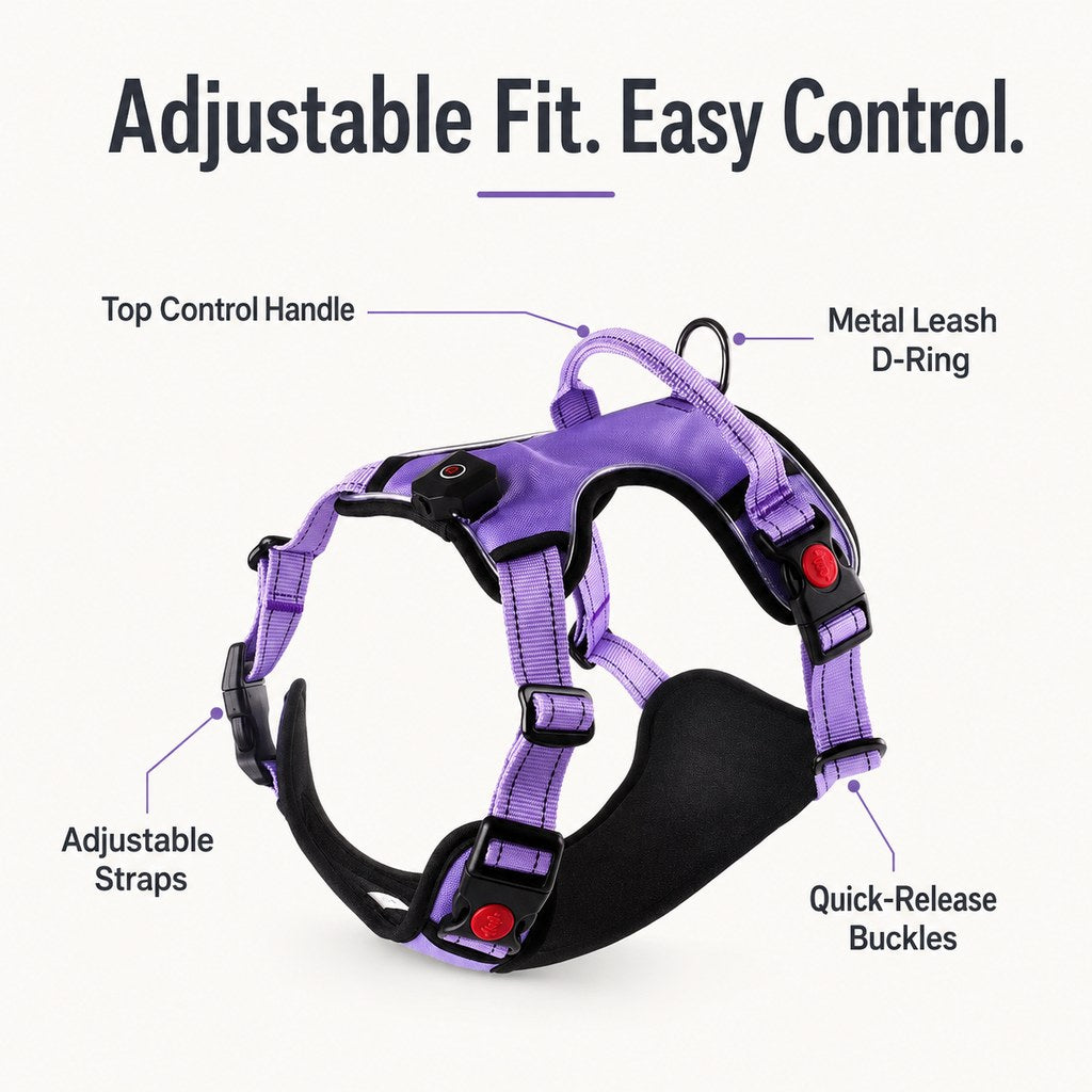 Adjustable LED dog harness with top handle and back D-ring