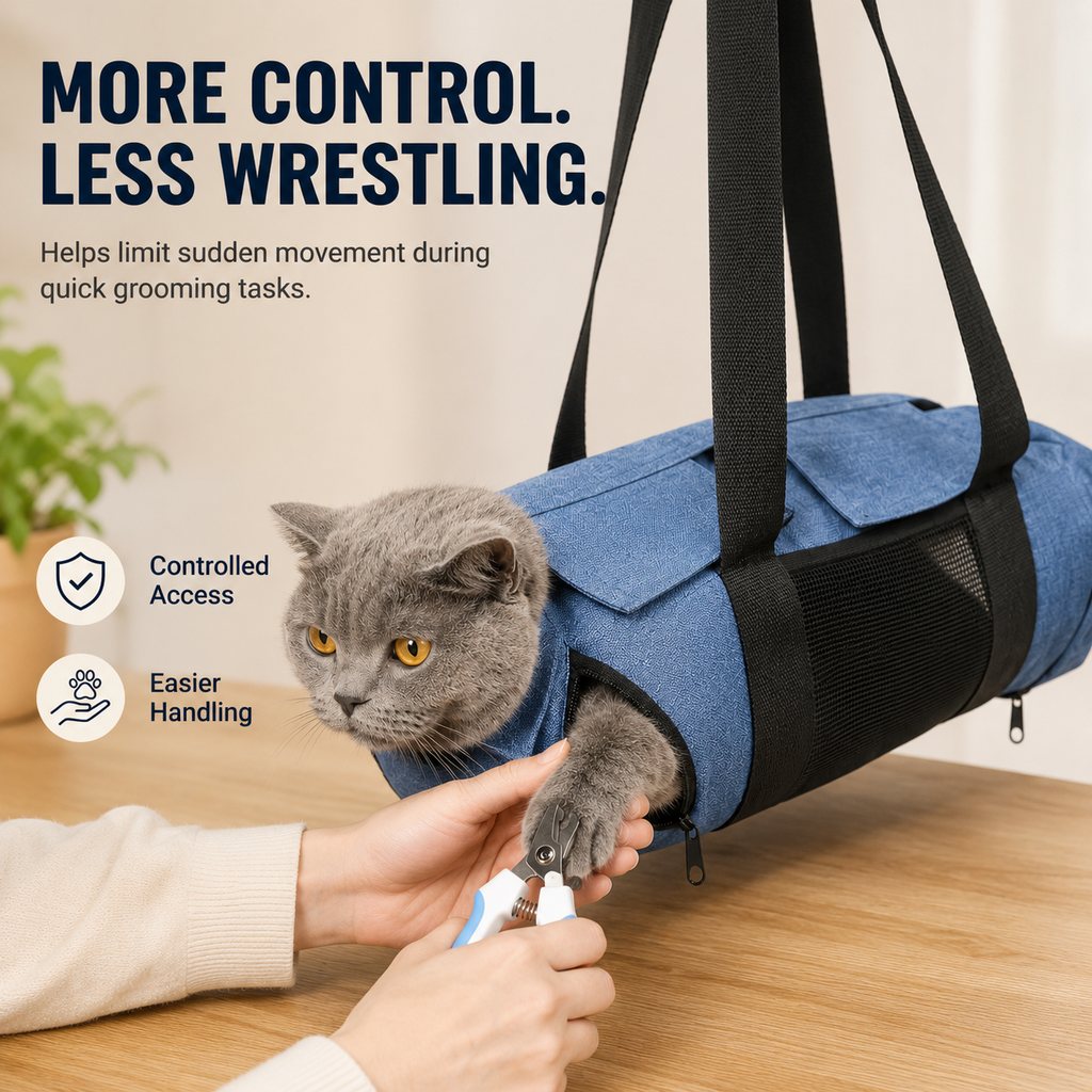 Adjustable neck cat grooming restraint bag