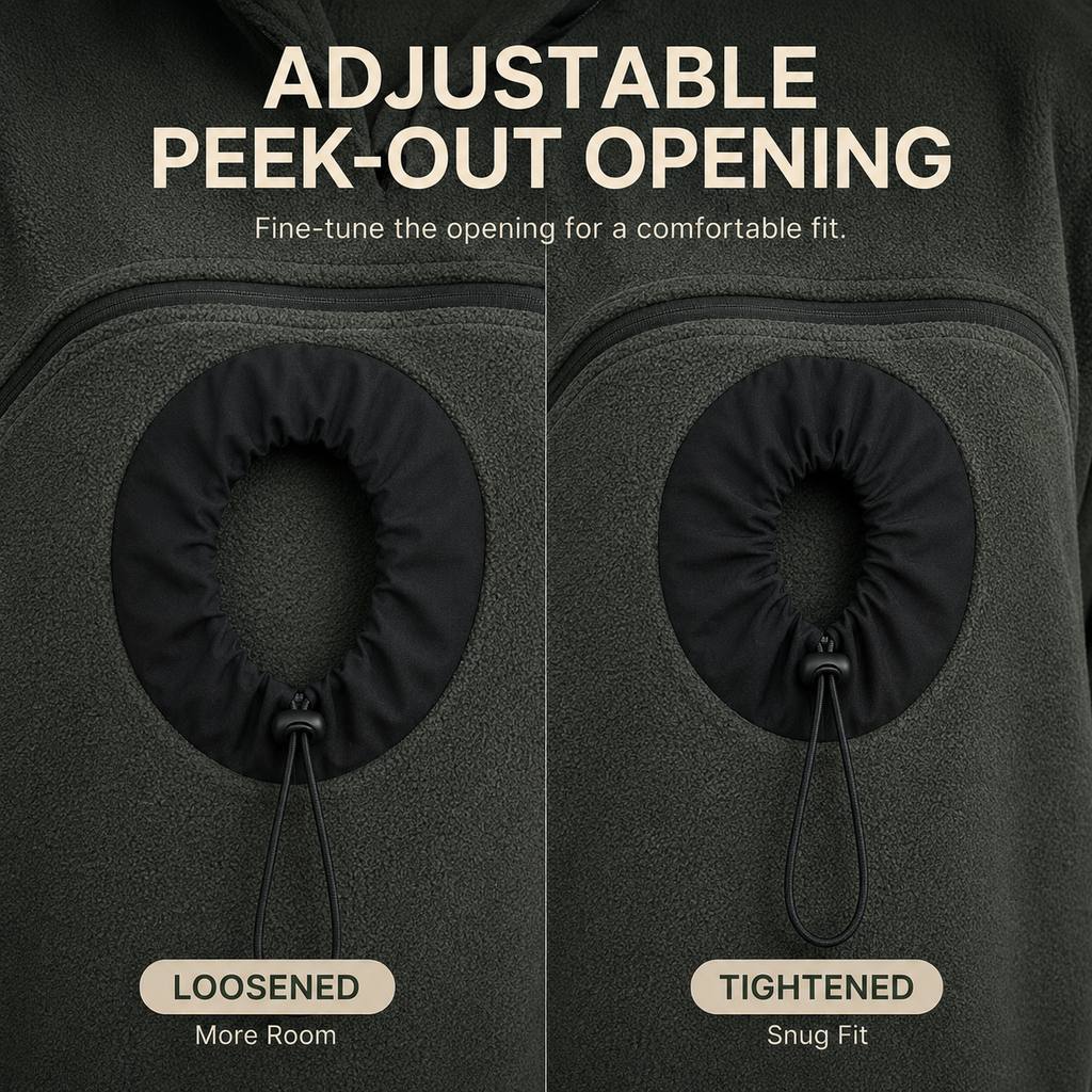 Adjustable peek-out opening on pet carrier hoodie
