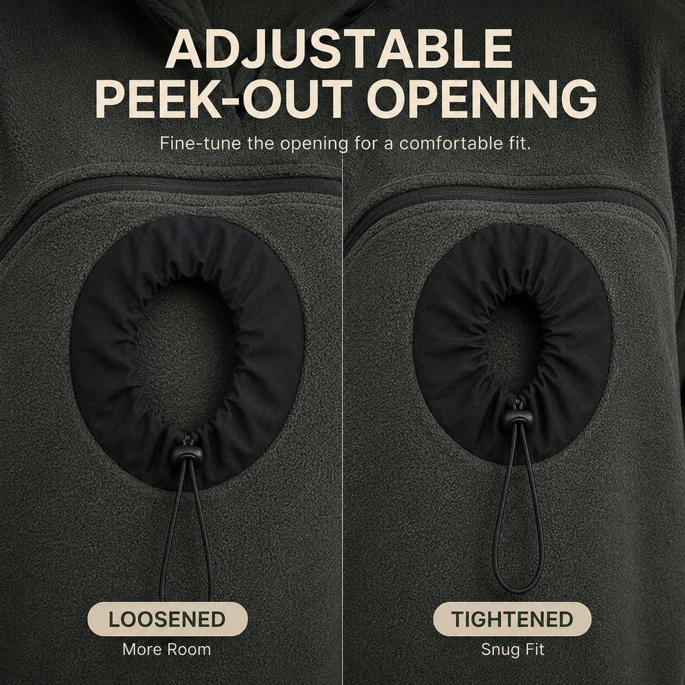 Adjustable peek-out opening on pet carrier hoodie