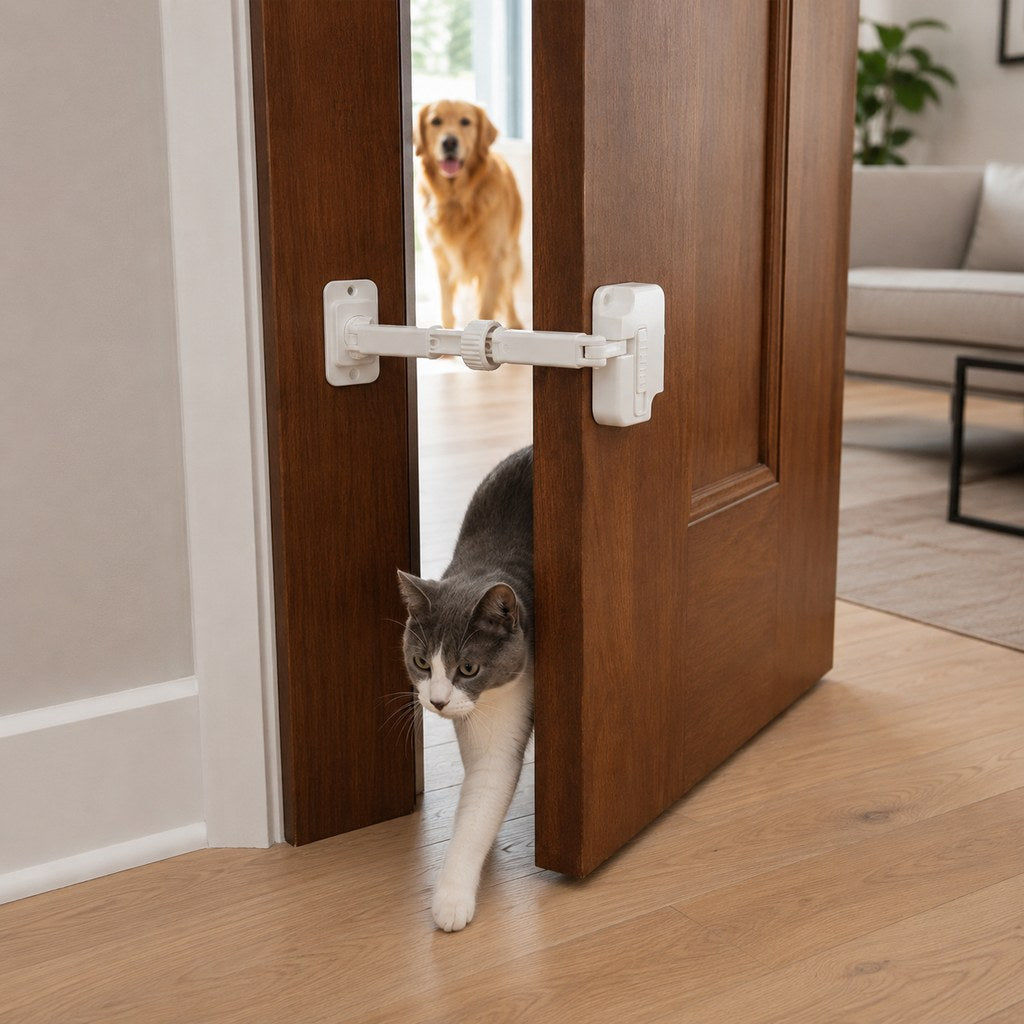 Paws in Awe Adjustable Pet Door Latch for Litter Rooms - Let Cats In & Help Keep Dogs Out image 1