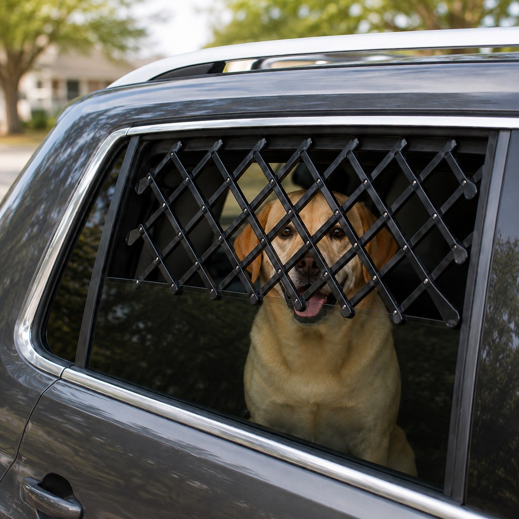 Adjustable rear window dog barrier with airflow and visibility