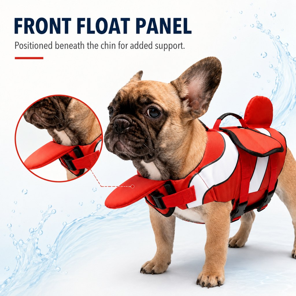 Adjustable red dog life jacket with quick-release buckles