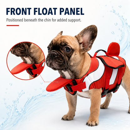Adjustable red dog life jacket with quick-release buckles